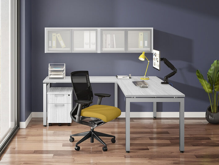 U-Leg L-Shape w Overhead Bins - Silver Birch