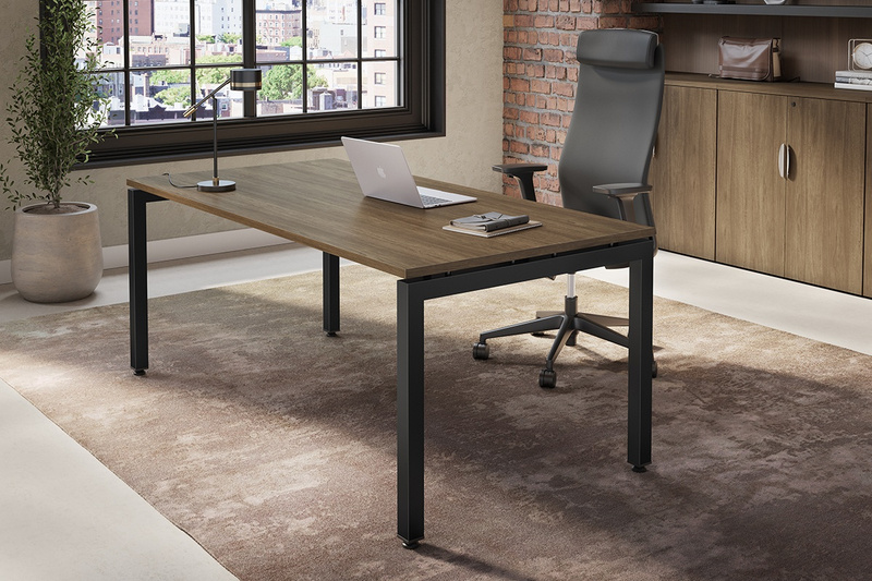 U-Leg Straight Desk w Black Legs & Modern Walnut Top