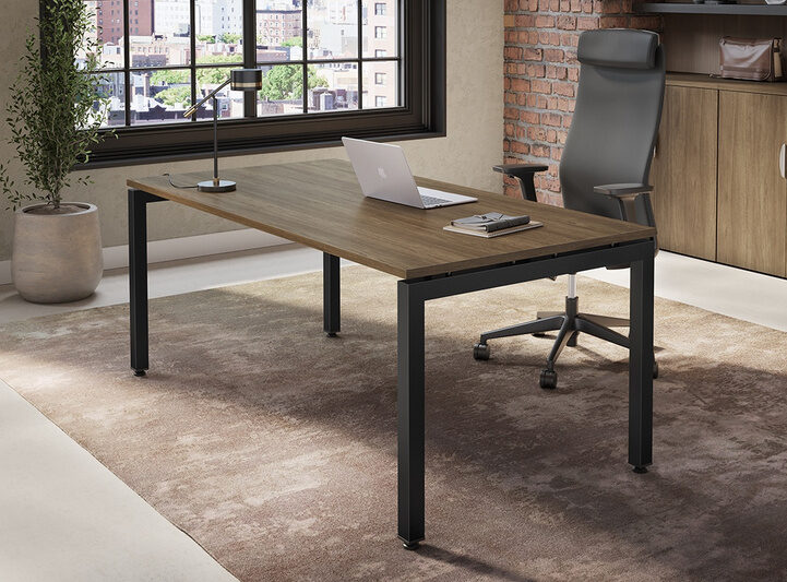 U-Leg Straight Desk w Black Legs & Modern Walnut Top