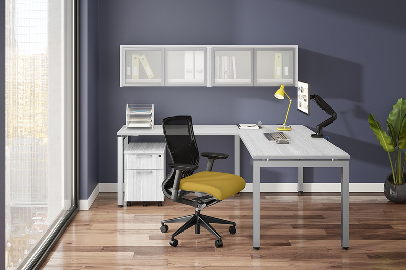 U-Leg L-Shape w Overhead Bins - Silver Birch