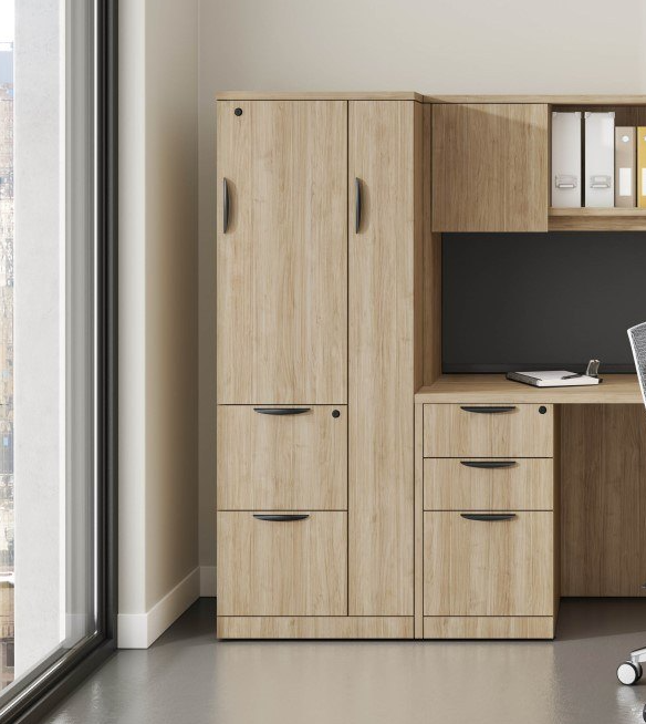 Height Adjustable Desk & Storage Credenza with Open Frame Hutch